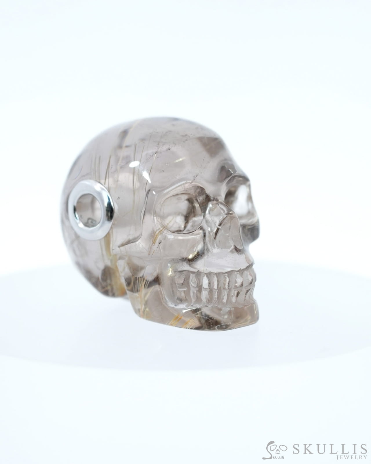 Skullis Signature Rutilated Quartz Rock Crystal Gem Skull Pendant or Necklace Hand Carved Sterling Silver 925 Chain for