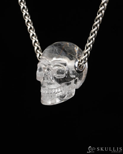 Skullis Signature Rutilated Quartz Rock Crystal Gem Skull Pendant or Necklace Hand Carved for Women & Men - 9900606