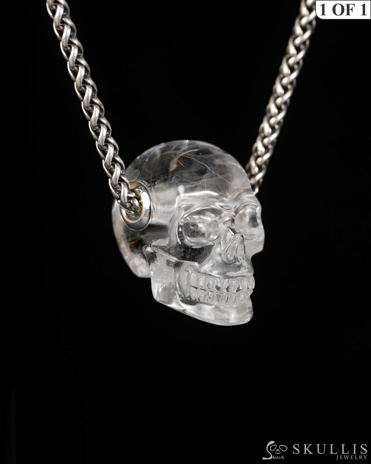 Skullis Signature Rutilated Quartz Rock Crystal Gem Skull Pendant or Necklace Hand Carved for Women & Men - 9900606