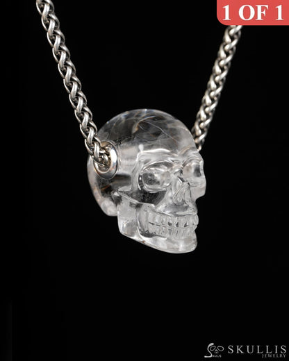 Skullis Signature Rutilated Quartz Rock Crystal Gem Skull Pendant or Necklace Hand Carved for Women & Men - 9900606
