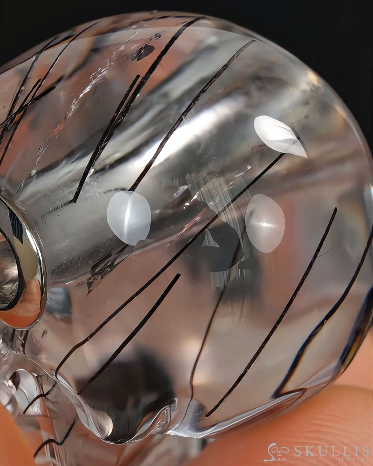 Skullis Signature Rutilated Quartz Rock Crystal Gem Skull Pendant or Necklace Hand Carved for Women & Men - ZR19500436