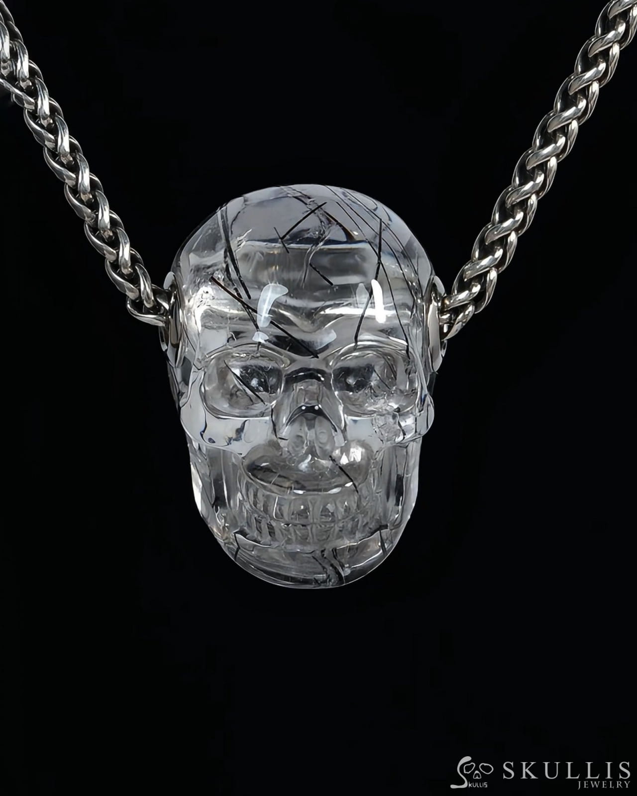Skullis Signature Rutilated Quartz Rock Crystal Gem Skull Pendant or Necklace Hand Carved for Women & Men - ZR19500436