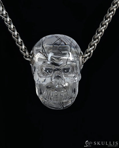 Skullis Signature Rutilated Quartz Rock Crystal Gem Skull Pendant or Necklace Hand Carved for Women & Men - ZR19500436