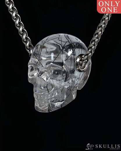 Skullis Signature Rutilated Quartz Rock Crystal Gem Skull Pendant or Necklace Hand Carved for Women & Men - ZR19500436