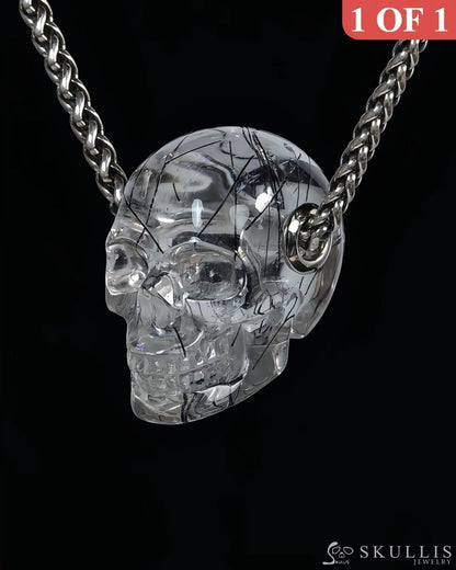Skullis Signature Rutilated Quartz Rock Crystal Gem Skull Pendant or Necklace Hand Carved for Women & Men - ZR19500436