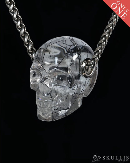 Skullis Signature Rutilated Quartz Rock Crystal Gem Skull Pendant or Necklace Hand Carved for Women & Men - ZR19500436