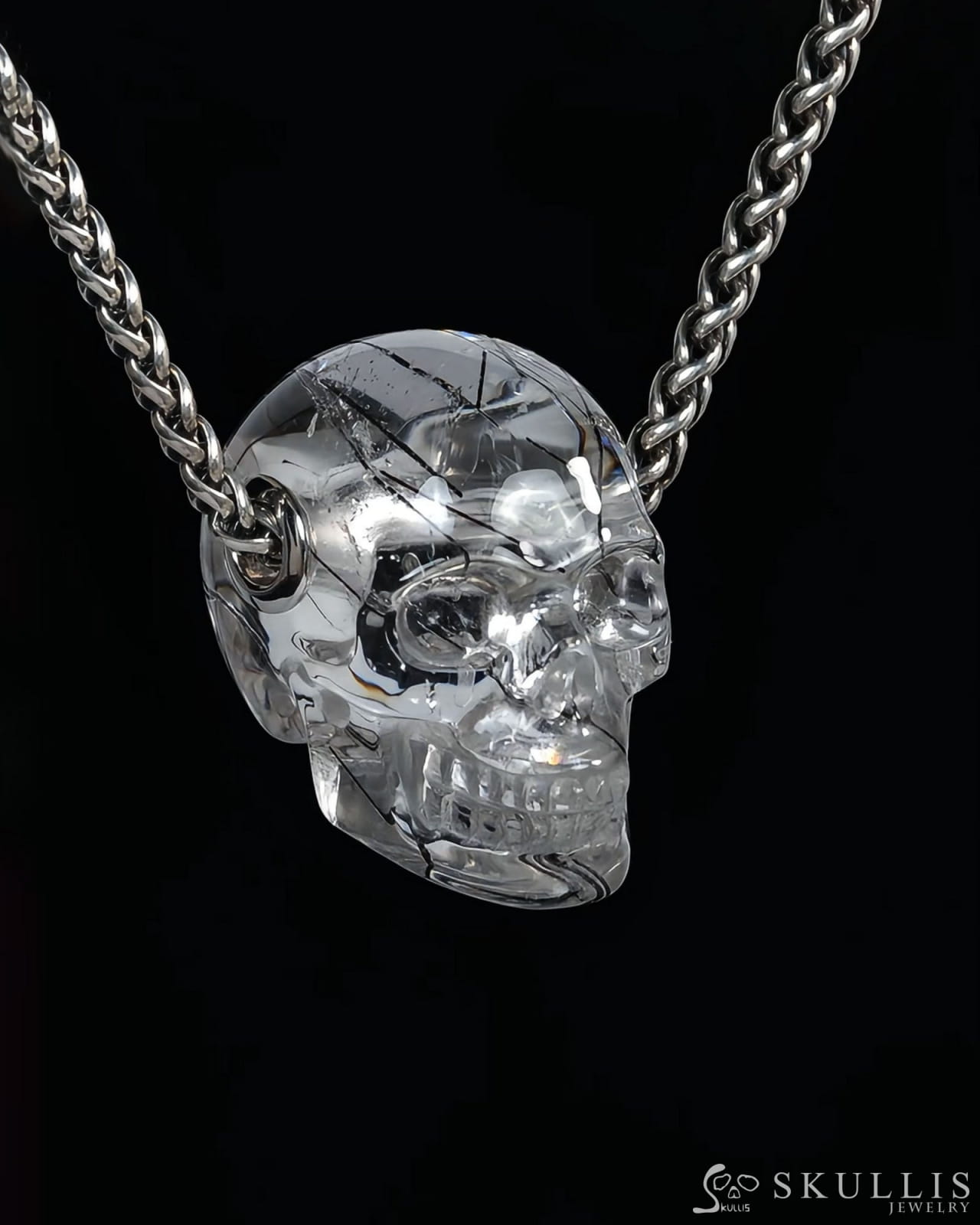 Skullis Signature Rutilated Quartz Rock Crystal Gem Skull Pendant or Necklace Hand Carved for Women & Men - ZR19500436