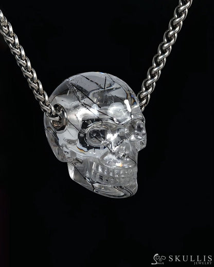 Skullis Signature Rutilated Quartz Rock Crystal Gem Skull Pendant or Necklace Hand Carved for Women & Men - ZR19500436
