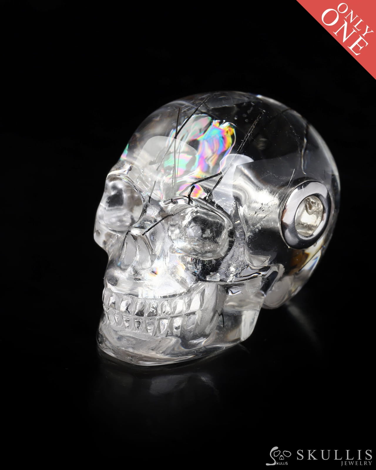 Skullis Signature Rutilated Quartz Rock Crystal Gem Skull Pendant or Necklace Hand Carved for Women & Men - ZR19800578