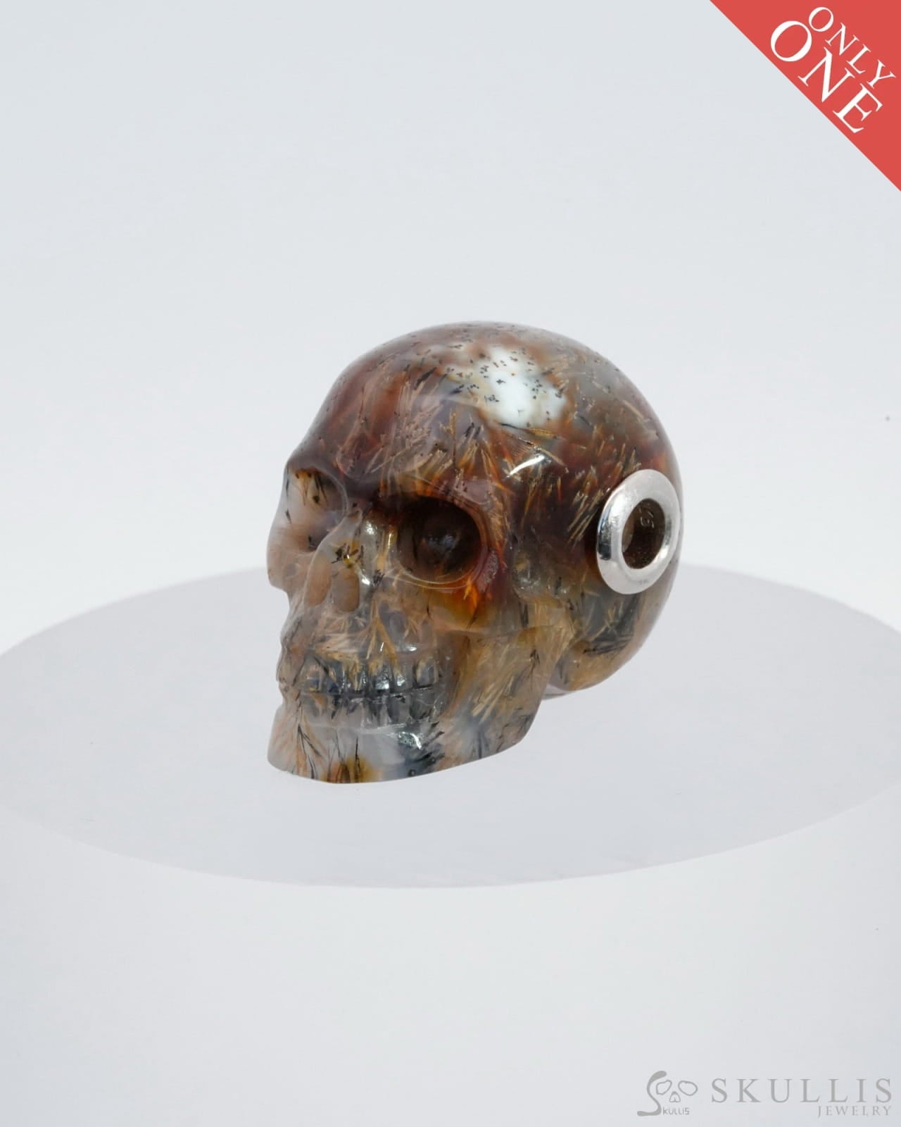 Skullis Signature Sagenitic Agate Gem Skull Pendant Or Necklace Hand Carved Sterling Silver 925