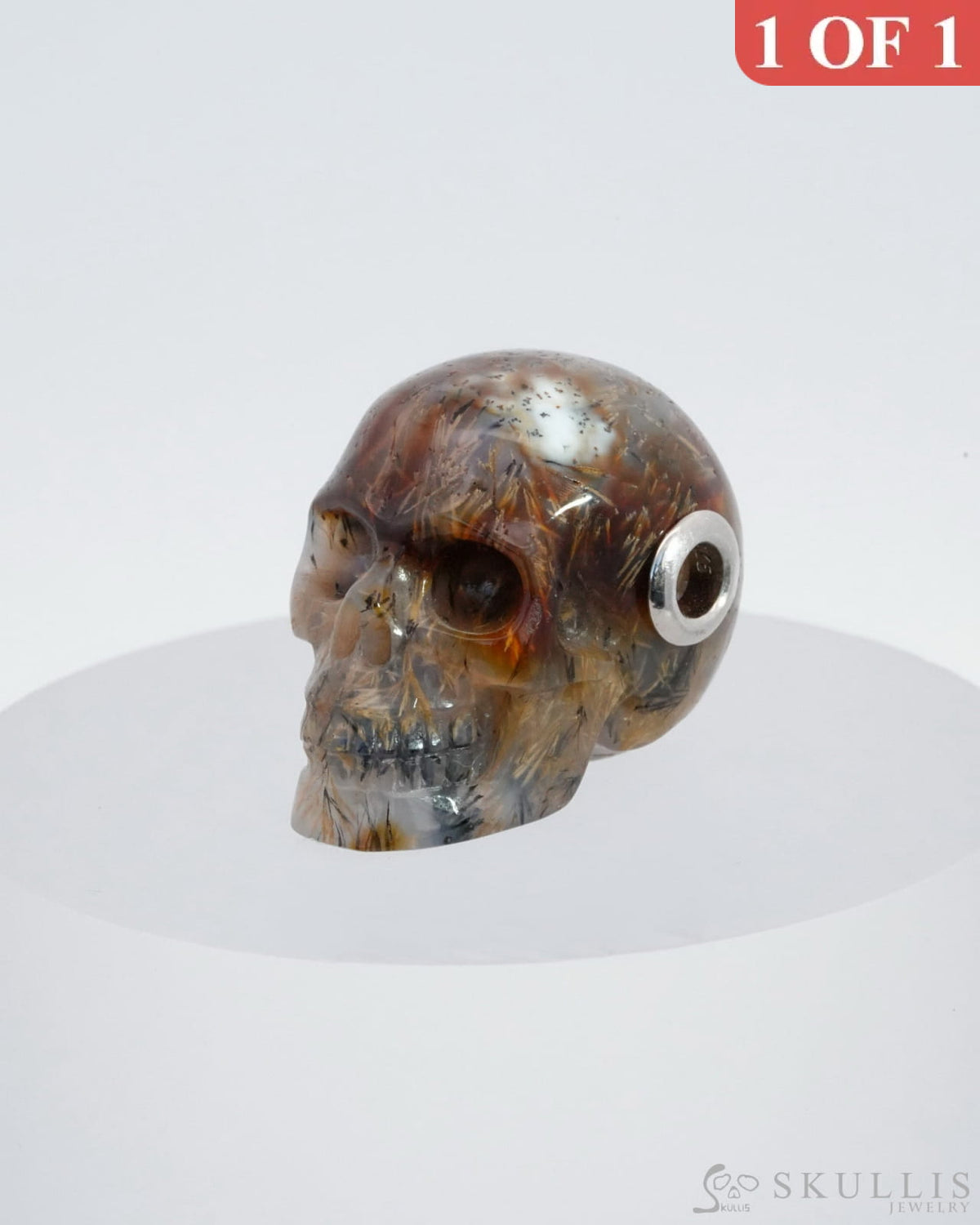 Skullis Signature Sagenitic Agate Gem Skull Pendant Or Necklace Hand Carved Sterling Silver 925