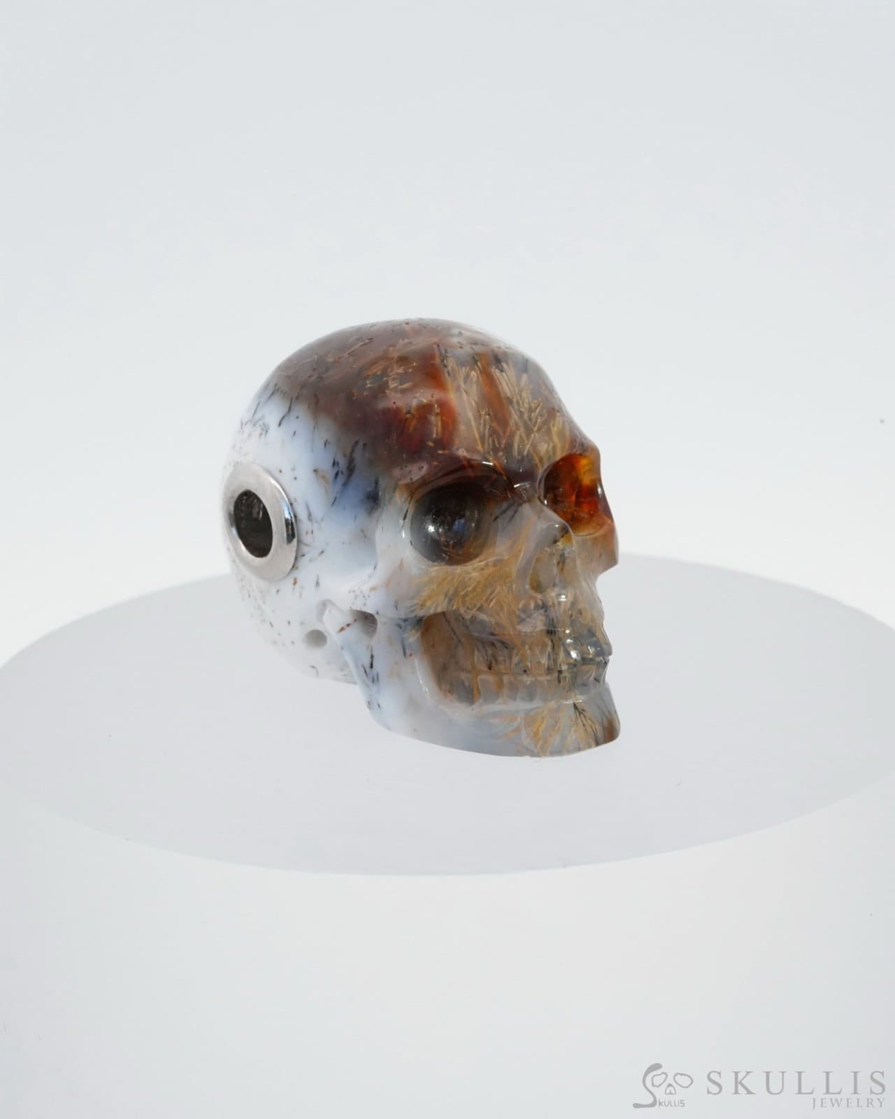 Skullis Signature Sagenitic Agate Gem Skull Pendant Or Necklace Hand Carved Sterling Silver 925