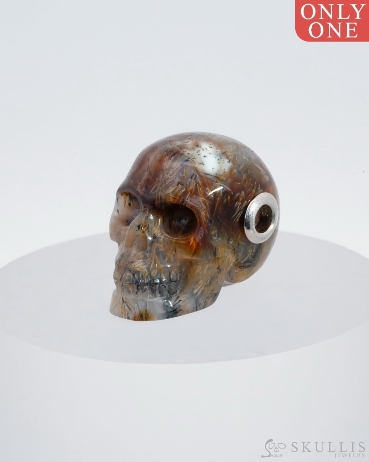 Skullis Signature Sagenitic Agate Gem Skull Pendant Or Necklace Hand Carved Sterling Silver 925
