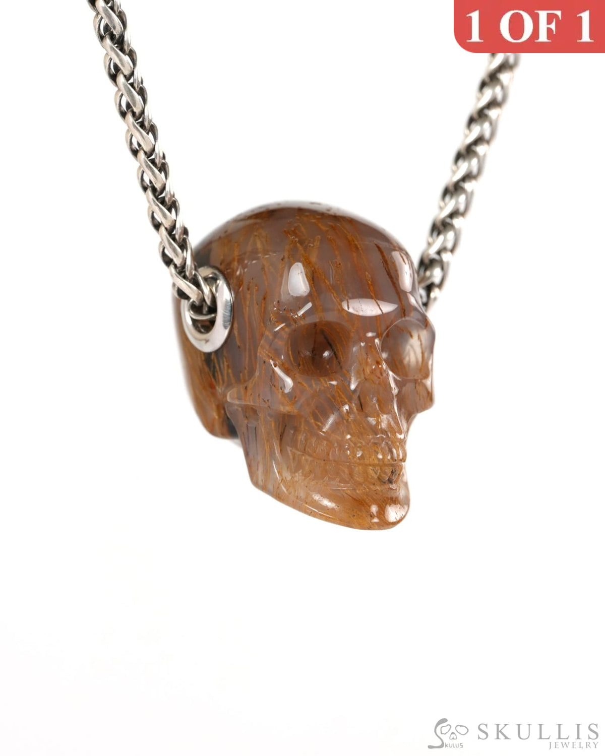 Skullis Signature Sagenitic Agate Gem Skull Pendant or Necklace Hand Carved for Women & Men - 9900263 - Skull Pendants