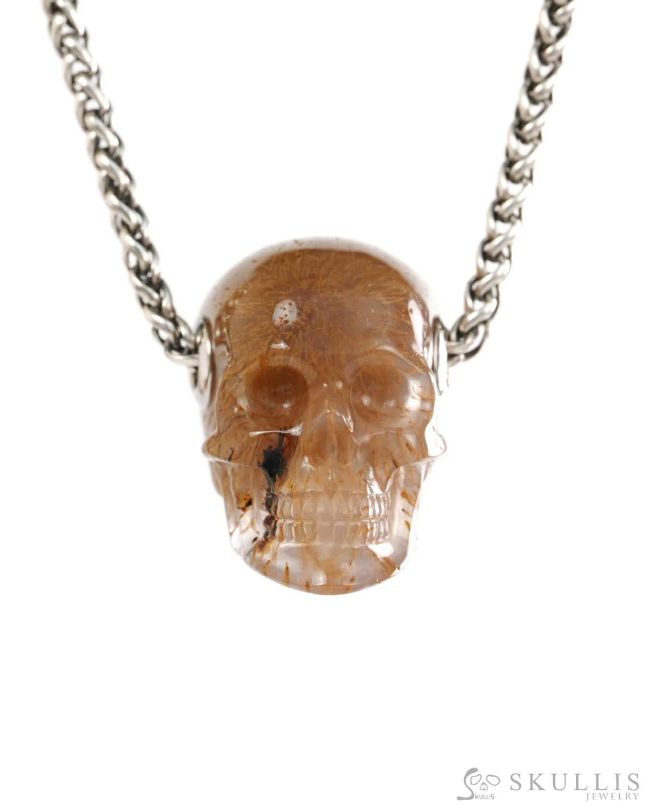 Skullis Signature Sagenitic Agate Gem Skull Pendant or Necklace Hand Carved for Women & Men - 9900429 - Skull Pendants