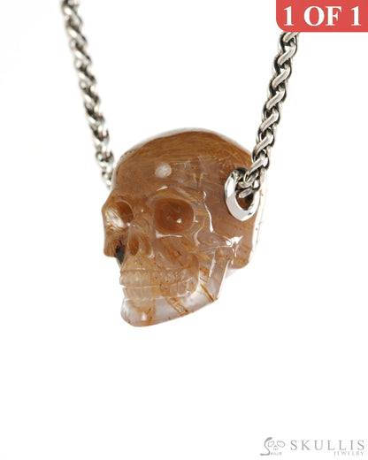Skullis Signature Sagenitic Agate Gem Skull Pendant or Necklace Hand Carved for Women & Men - 9900429 - Skull Pendants