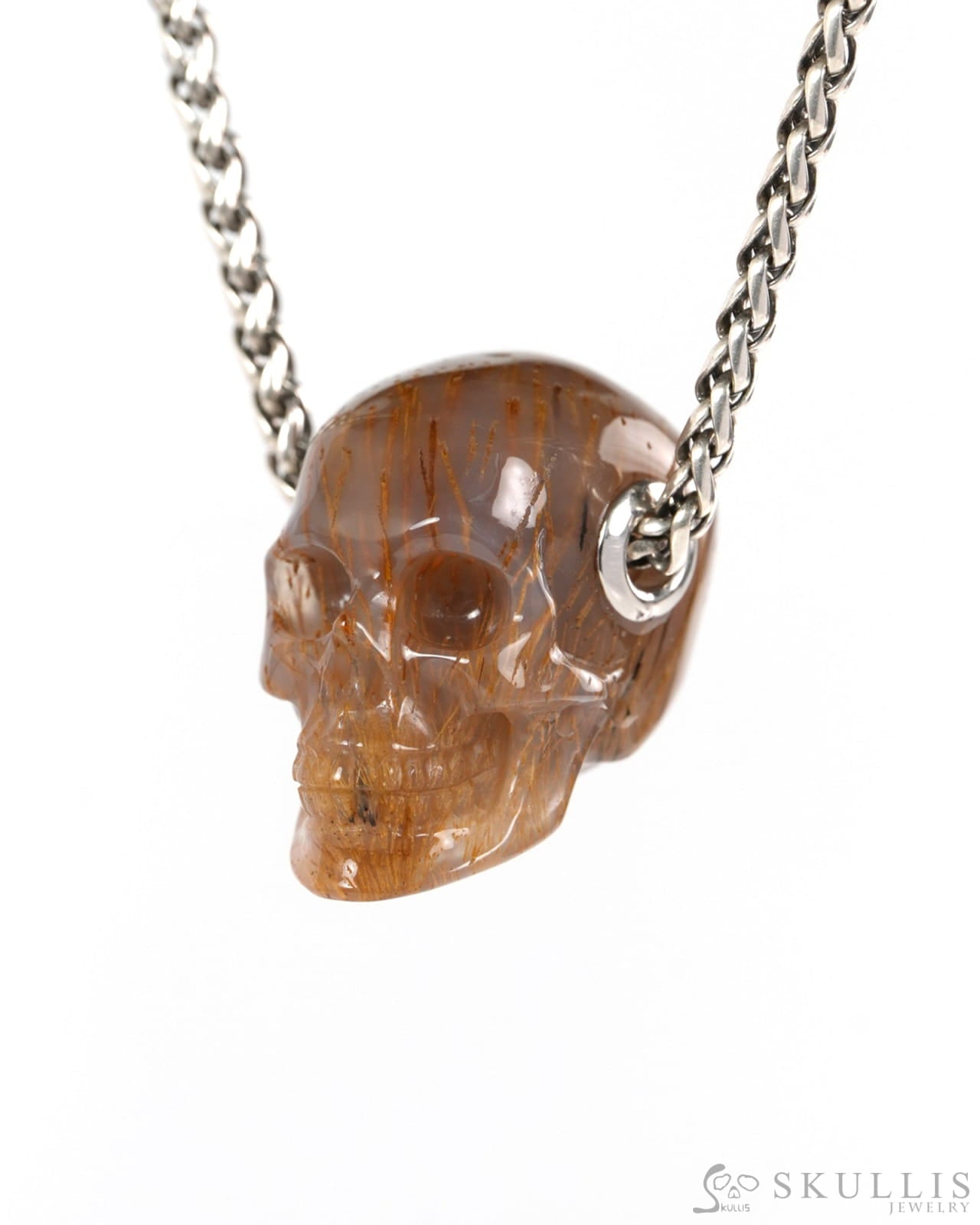 Skullis Signature Sagenitic Agate Gem Skull Pendant or Necklace Hand Carved for Women & Men - ZR19900263 - Skull
