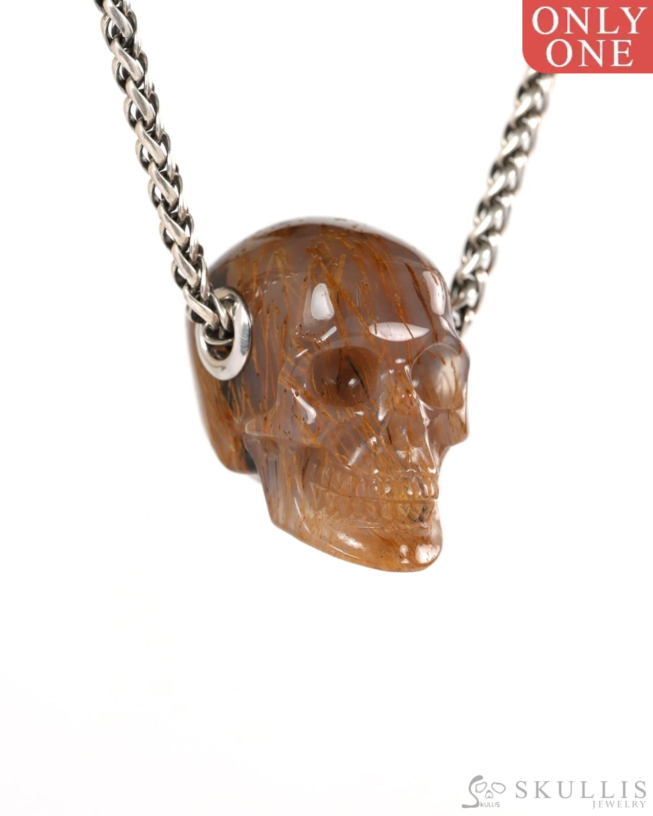 Skullis Signature Sagenitic Agate Gem Skull Pendant or Necklace Hand Carved for Women & Men - ZR19900263 - Skull