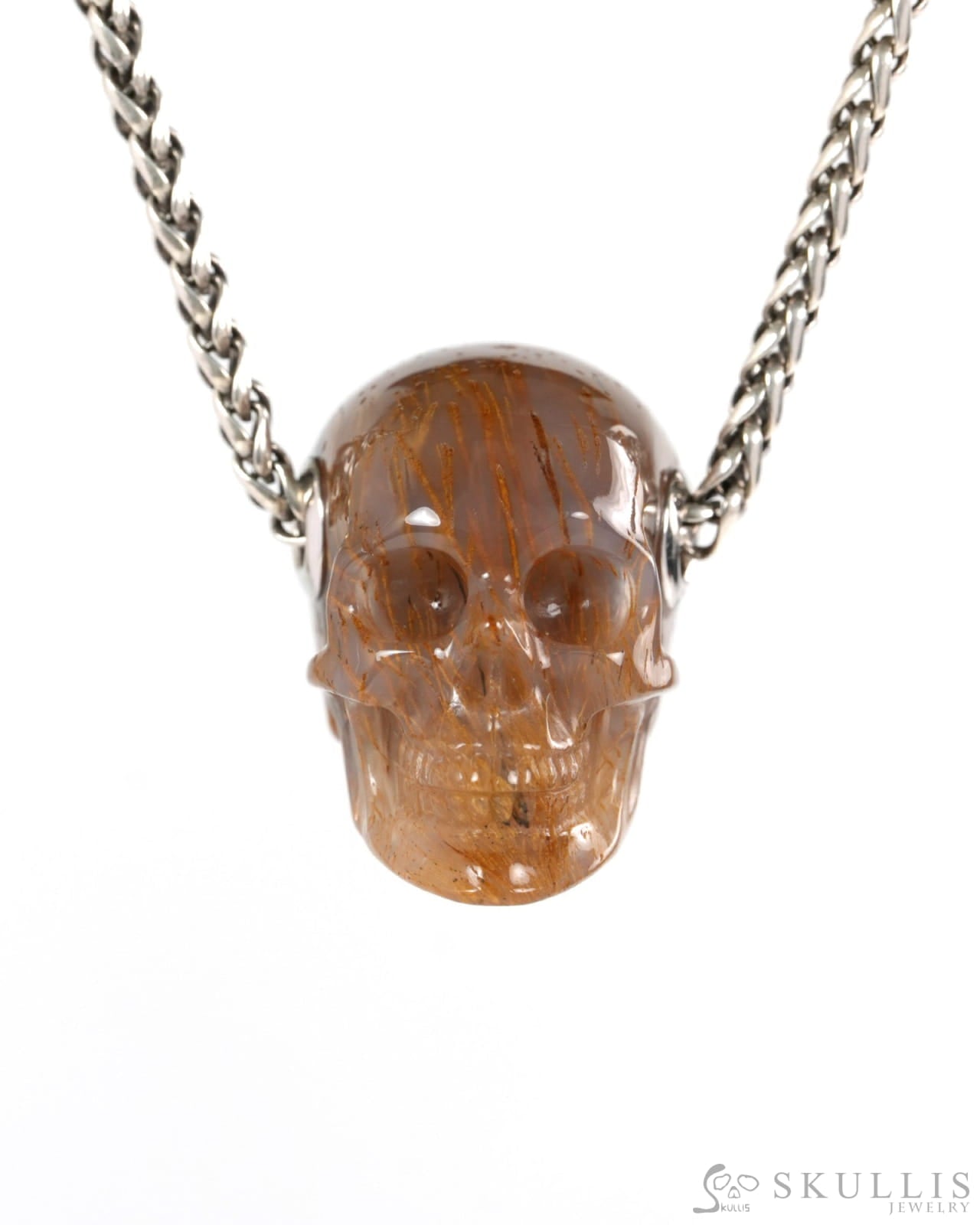 Skullis Signature Sagenitic Agate Gem Skull Pendant or Necklace Hand Carved for Women & Men - ZR19900263 - Skull