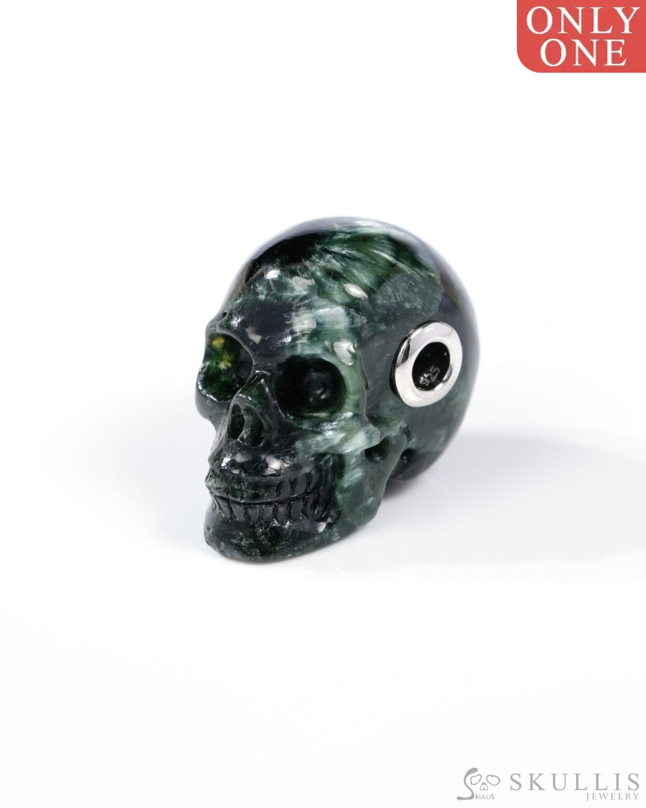Skullis Signature Seraphinite Gem Skull Pendant or Necklace Hand Carved Sterling Silver 925 Chain for Women & Men