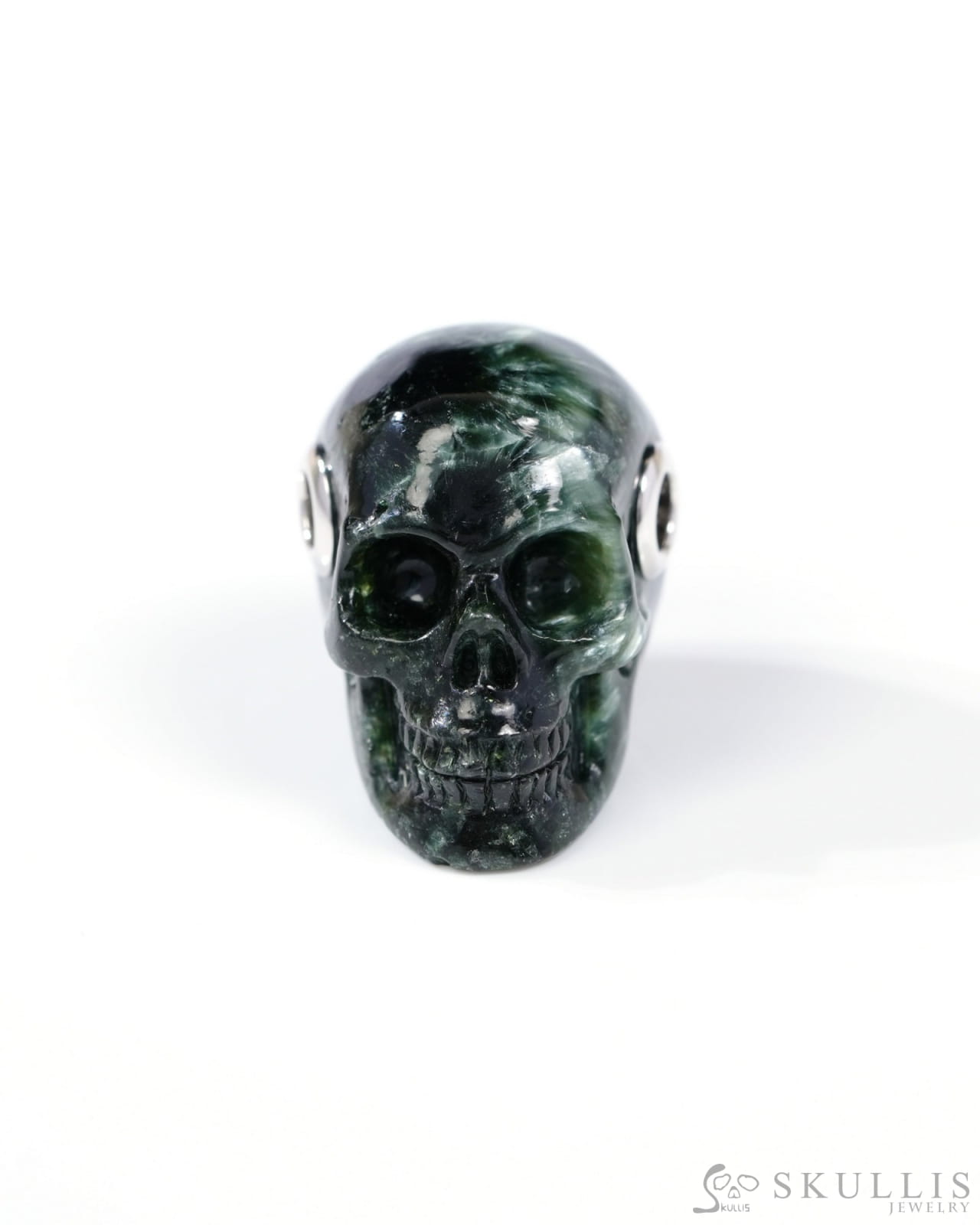 Skullis Signature Seraphinite Gem Skull Pendant or Necklace Hand Carved Sterling Silver 925 Chain for Women & Men