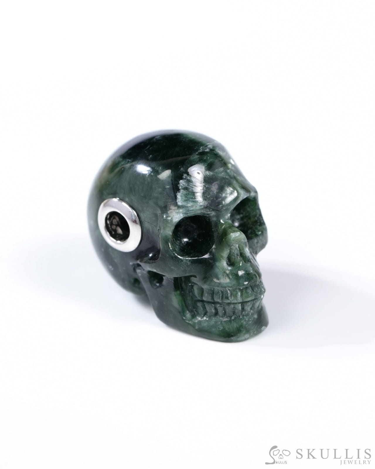 Skullis Signature Seraphinite Gem Skull Pendant or Necklace Hand Carved Sterling Silver 925 Chain for Women & Men