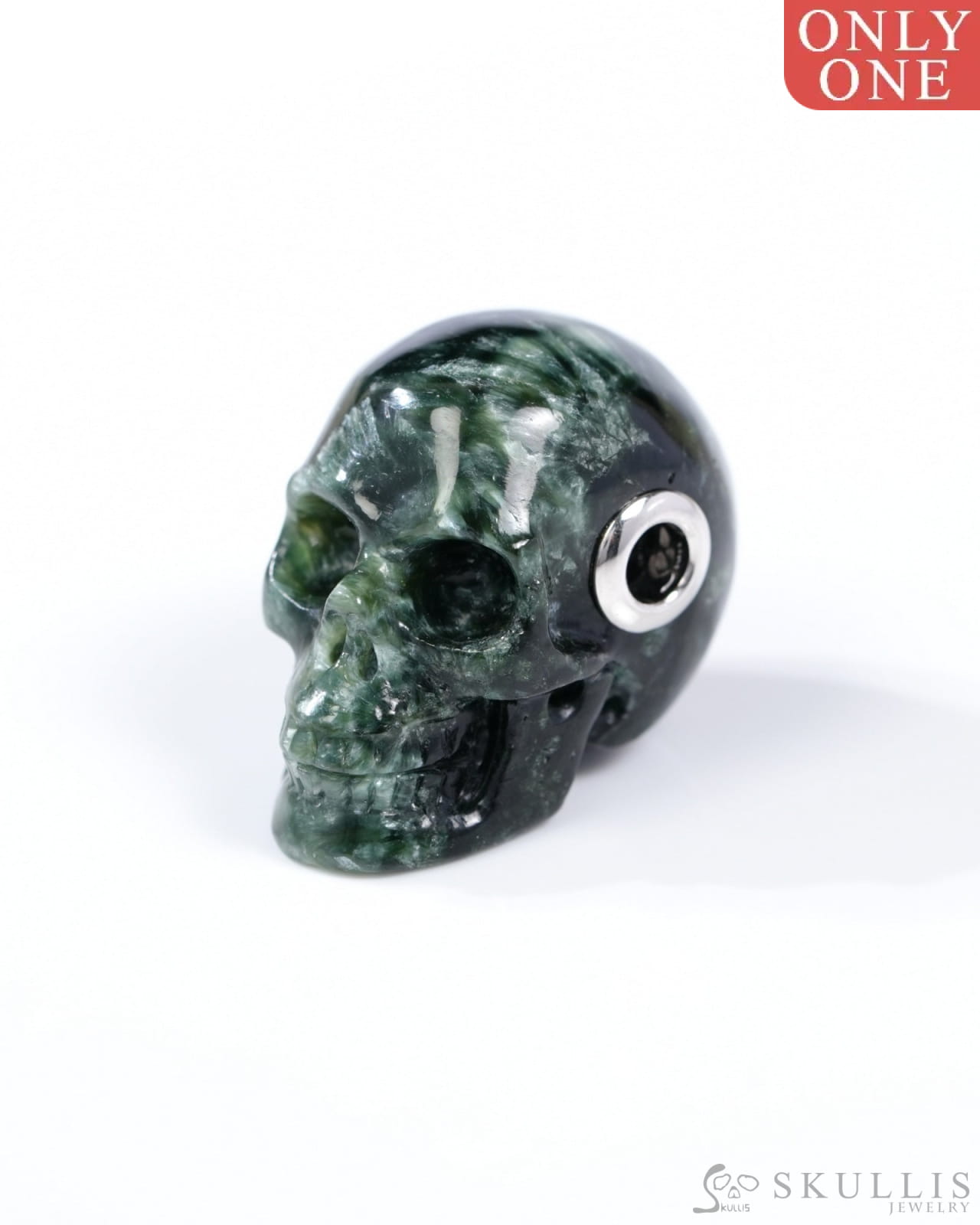 Skullis Signature Seraphinite Gem Skull Pendant or Necklace Hand Carved Sterling Silver 925 Chain for Women & Men