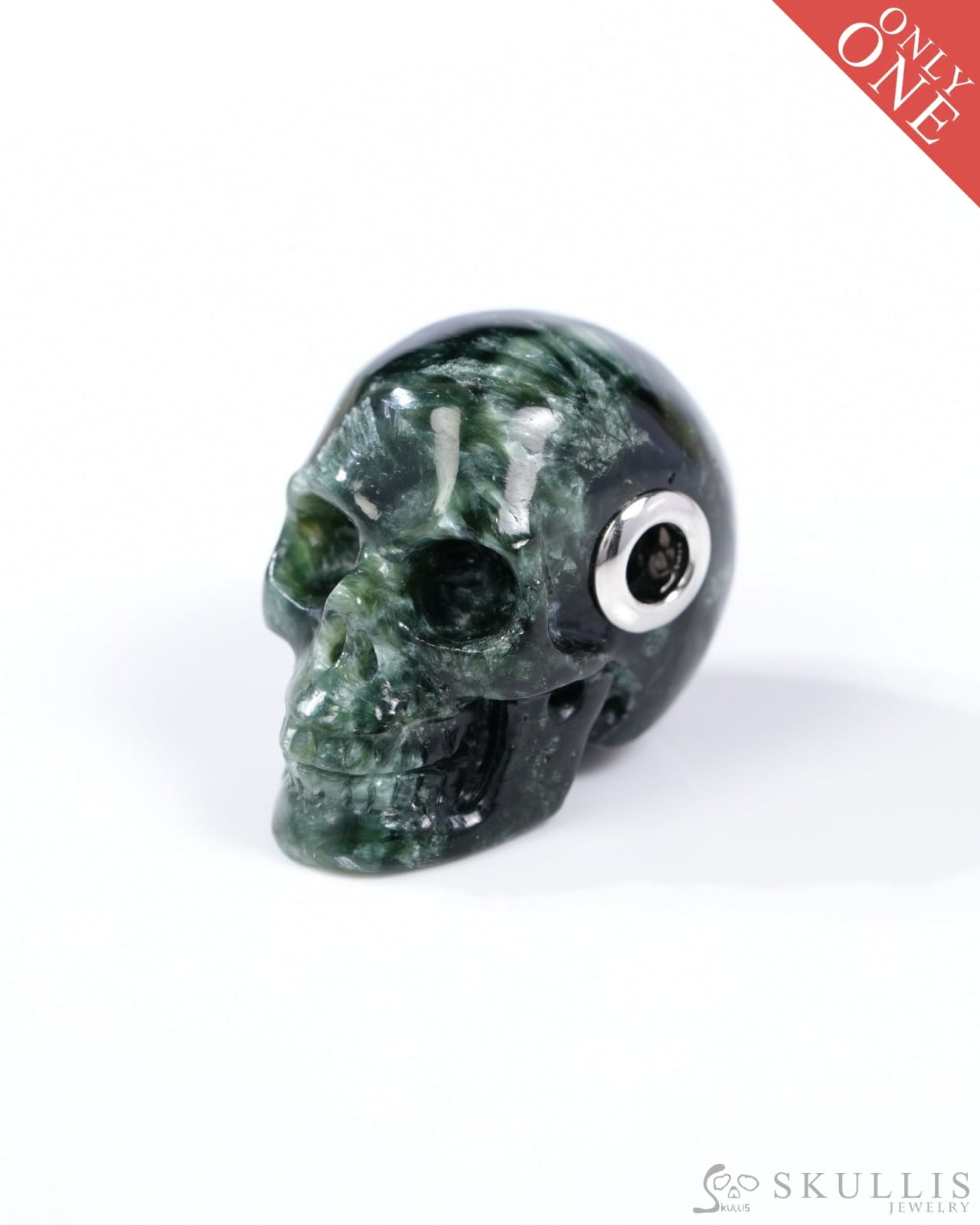 Skullis Signature Seraphinite Gem Skull Pendant or Necklace Hand Carved Sterling Silver 925 Chain for Women & Men