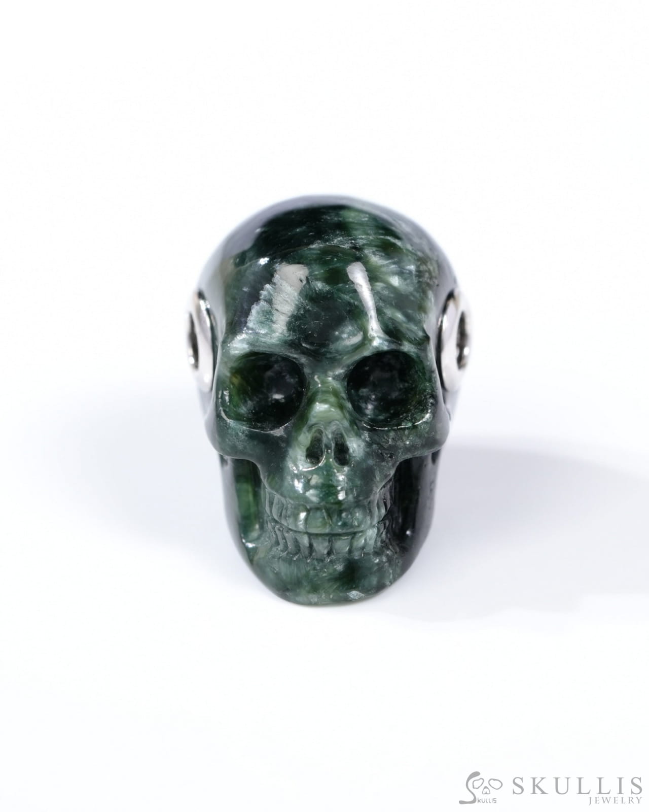Skullis Signature Seraphinite Gem Skull Pendant or Necklace Hand Carved Sterling Silver 925 Chain for Women & Men