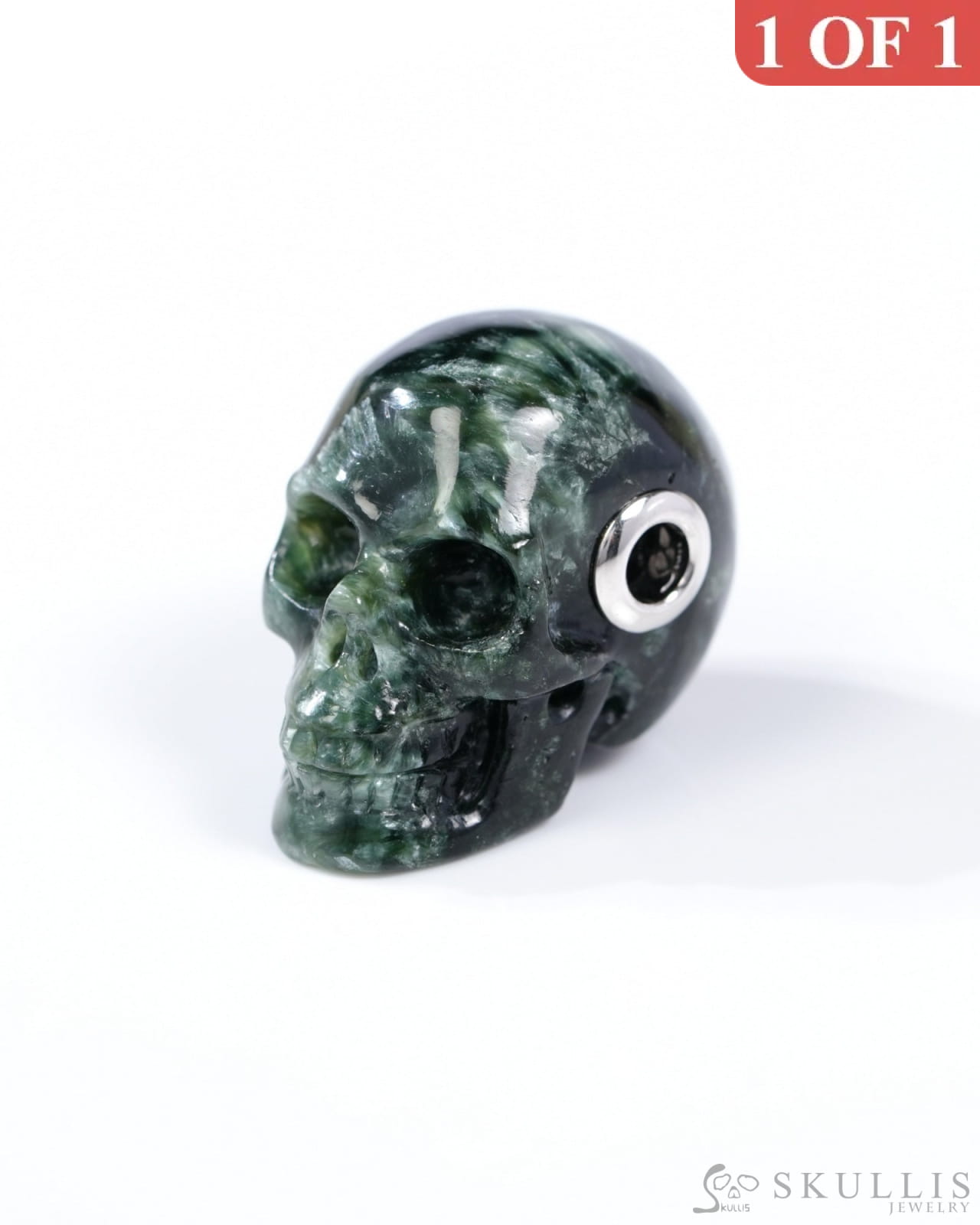 Skullis Signature Seraphinite Gem Skull Pendant or Necklace Hand Carved Sterling Silver 925 Chain for Women & Men
