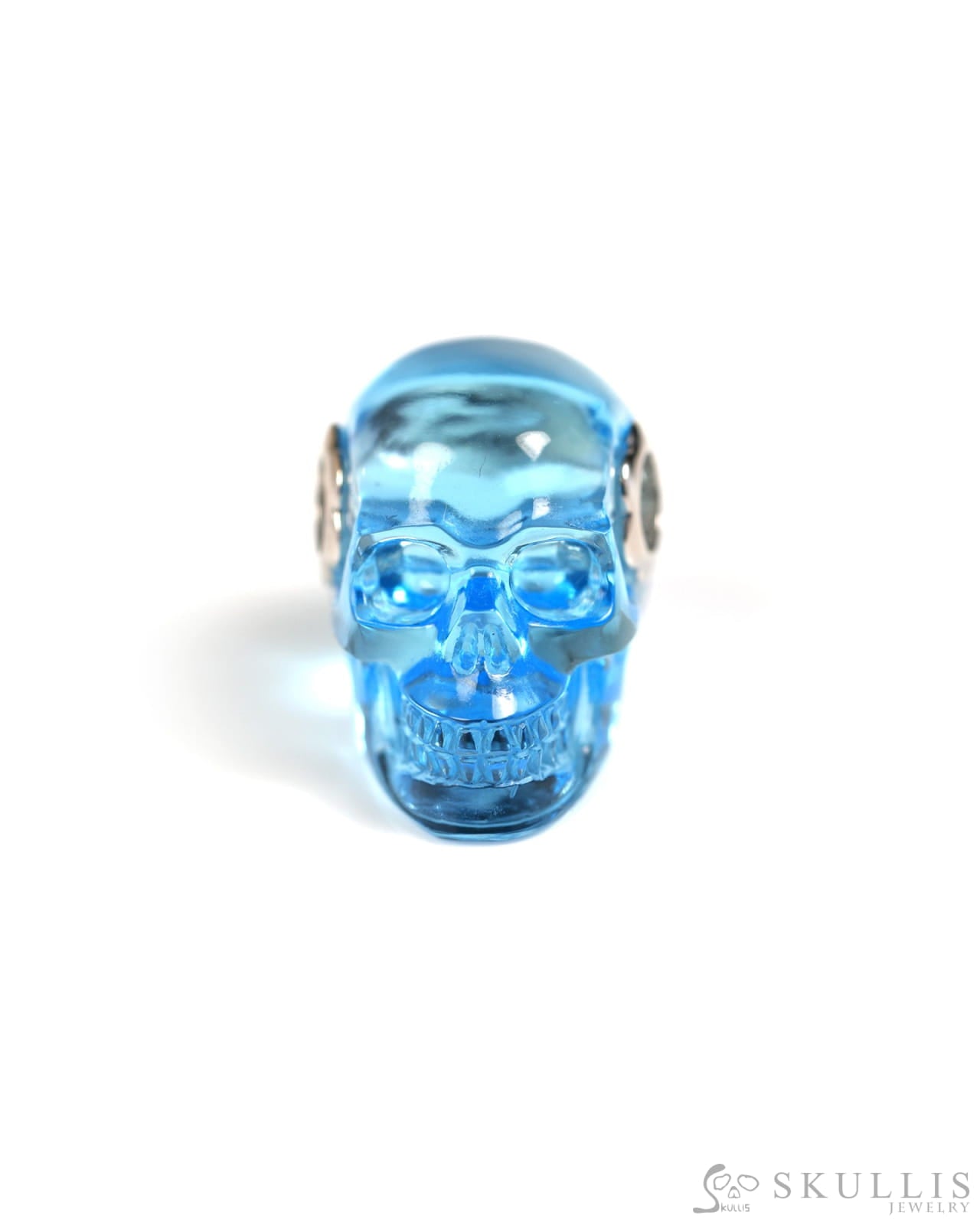 Skullis Signature Sky Blue Topaz Gem Skull Pendant or Necklace Hand Carved Sterling Silver 925 Chain for Women & Men