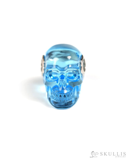 Skullis Signature Sky Blue Topaz Gem Skull Pendant or Necklace Hand Carved Sterling Silver 925 Chain for Women & Men