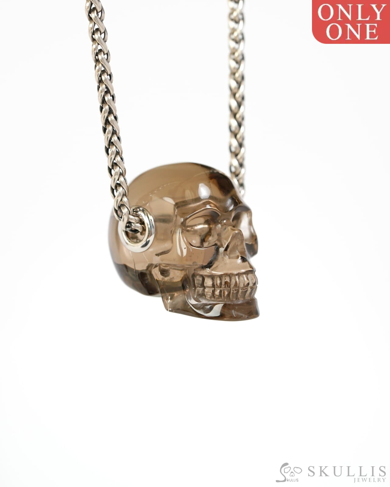 Skullis Signature Smoky Quartz Rock Crystal Gem Skull Pendant or Necklace Hand Carved Sterling Silver 925 Chain for