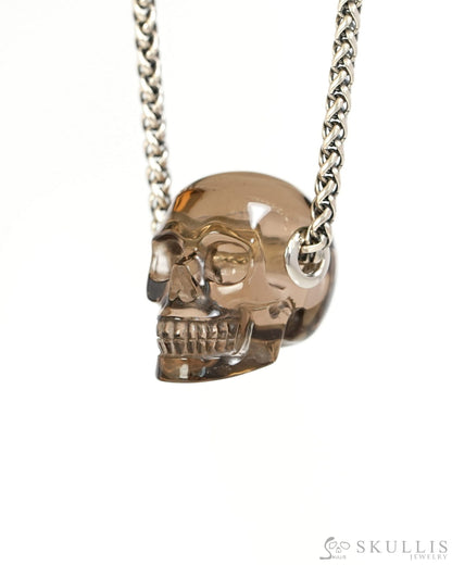 Skullis Signature Smoky Quartz Rock Crystal Gem Skull Pendant or Necklace Hand Carved Sterling Silver 925 Chain for