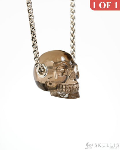 Skullis Signature Smoky Quartz Rock Crystal Gem Skull Pendant or Necklace Hand Carved Sterling Silver 925 Chain for