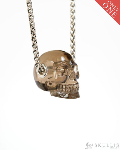 Skullis Signature Smoky Quartz Rock Crystal Gem Skull Pendant or Necklace Hand Carved Sterling Silver 925 Chain for