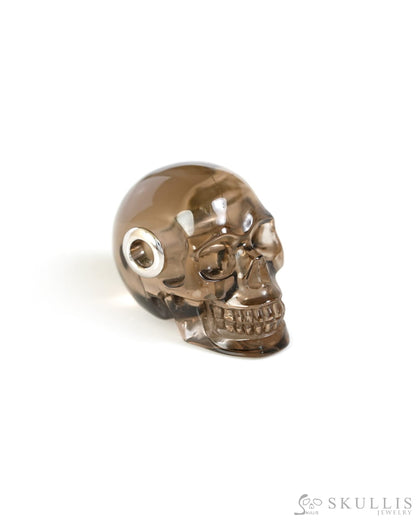 Skullis Signature Smoky Quartz Rock Crystal Gem Skull Pendant or Necklace Hand Carved Sterling Silver 925 Chain for
