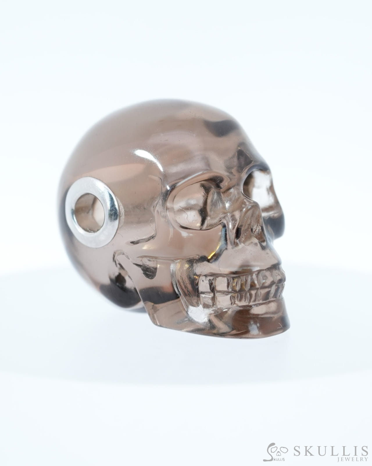 Skullis Signature Smoky Quartz Rock Crystal Gem Skull Pendant or Necklace Hand Carved Sterling Silver 925 Chain for