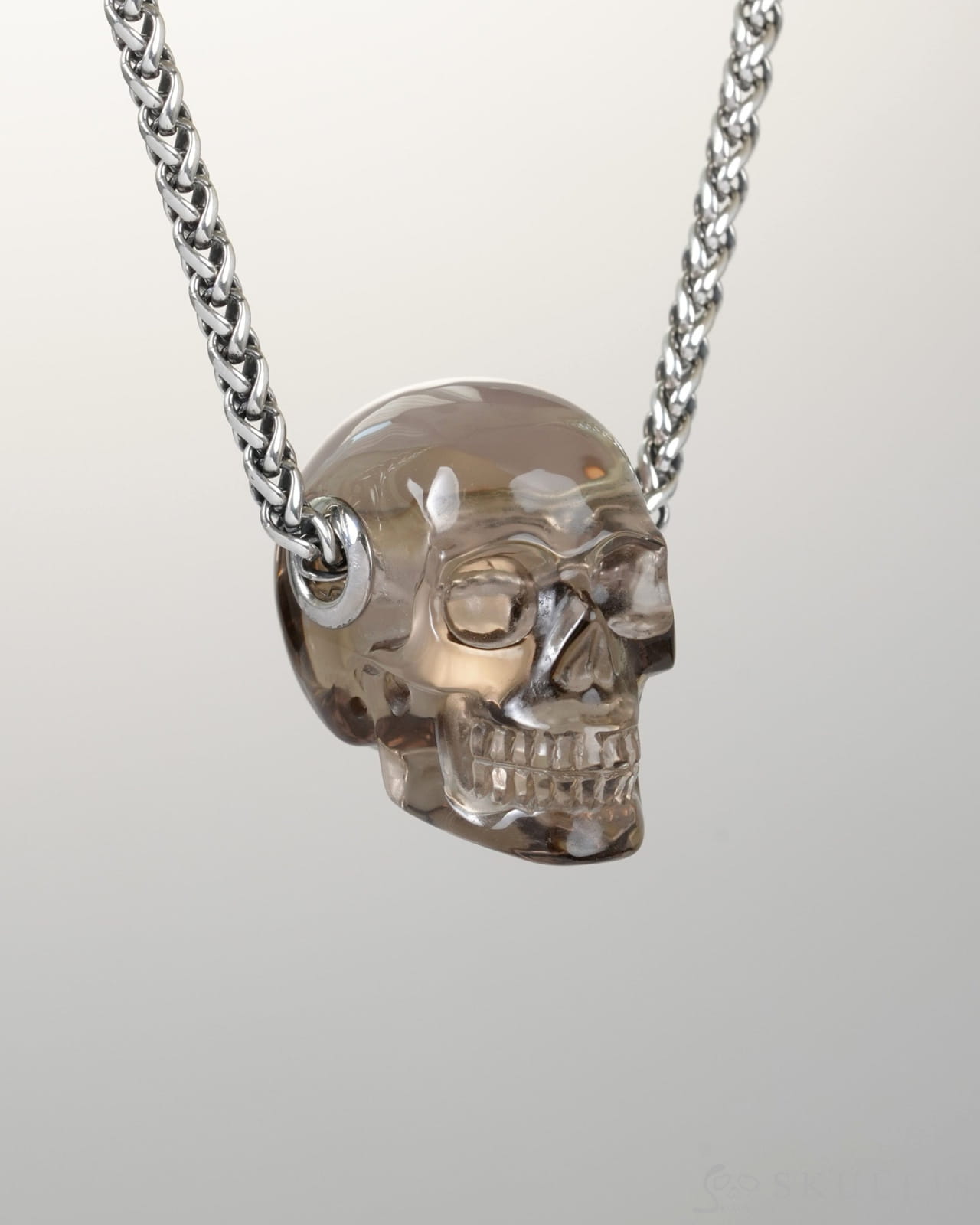 Skullis Signature Smoky Quartz Rock Crystal Gem Skull Pendant or Necklace Hand Carved Sterling Silver 925 Chain for