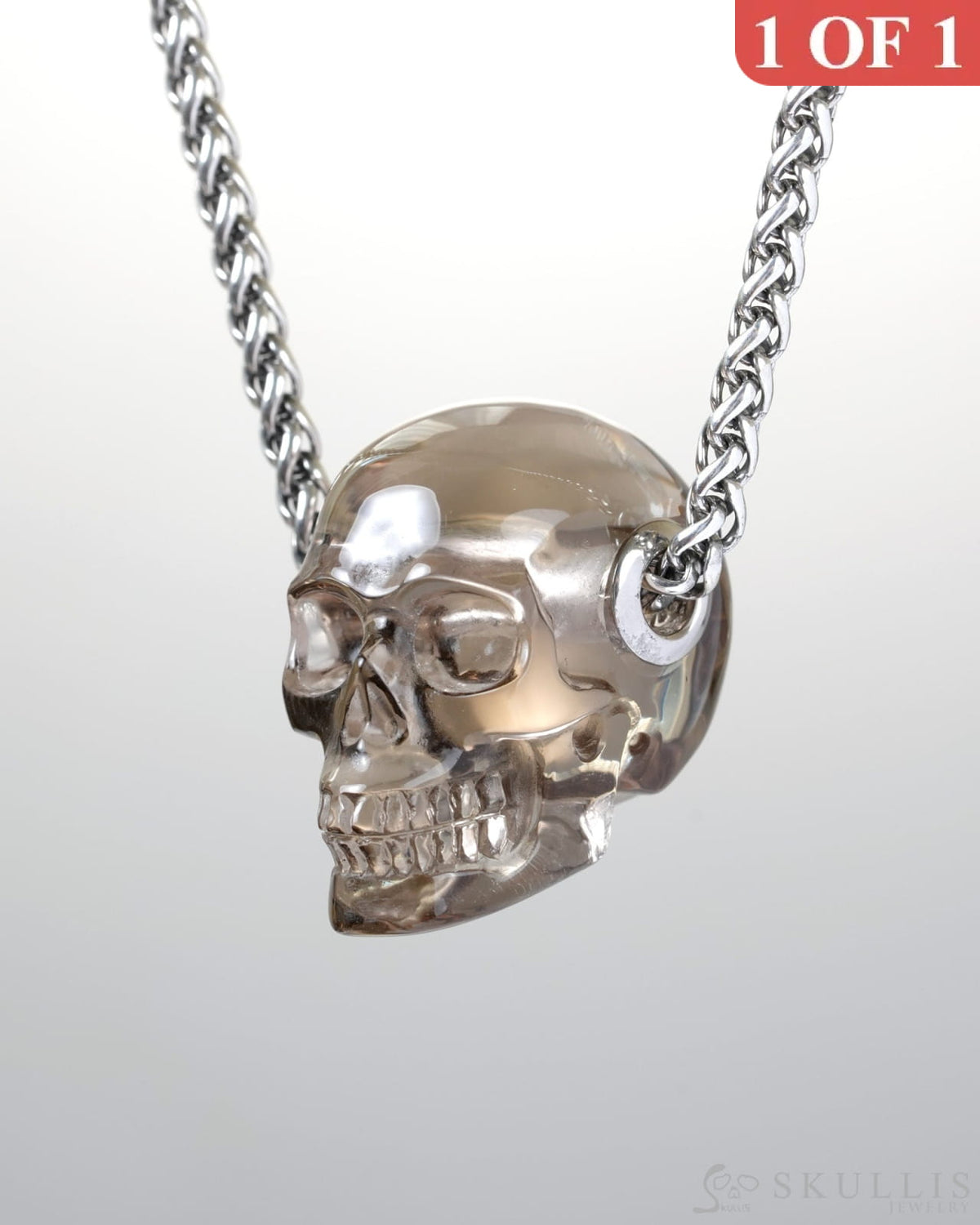 Skullis Signature Smoky Quartz Rock Crystal Gem Skull Pendant or Necklace Hand Carved Sterling Silver 925 Chain for