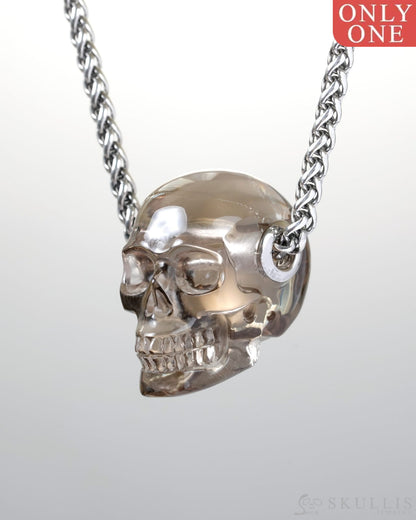 Skullis Signature Smoky Quartz Rock Crystal Gem Skull Pendant or Necklace Hand Carved Sterling Silver 925 Chain for