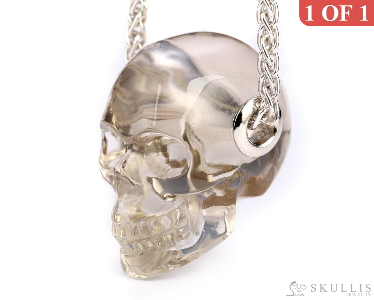 Skullis Signature Smoky Quartz Rock Crystal Gem Skull Pendant Or Necklace Hand Carved Sterling
