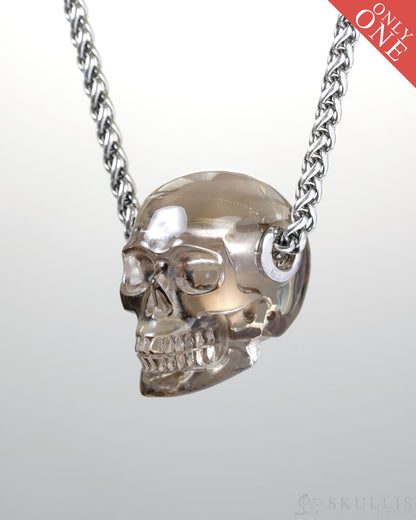 Skullis Signature Smoky Quartz Rock Crystal Gem Skull Pendant or Necklace Hand Carved Sterling Silver 925 Chain for