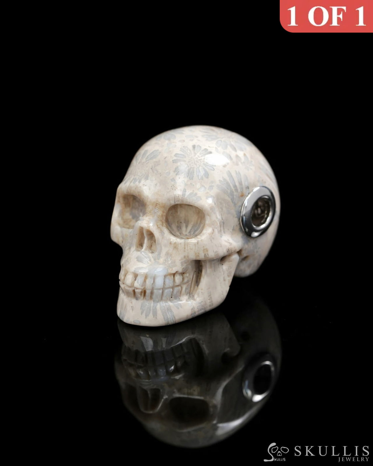 Skullis Signature Spiderweb Coral Fossil Gem Skull Pendant or Necklace Hand Carved Sterling Silver 925 Chain for Women