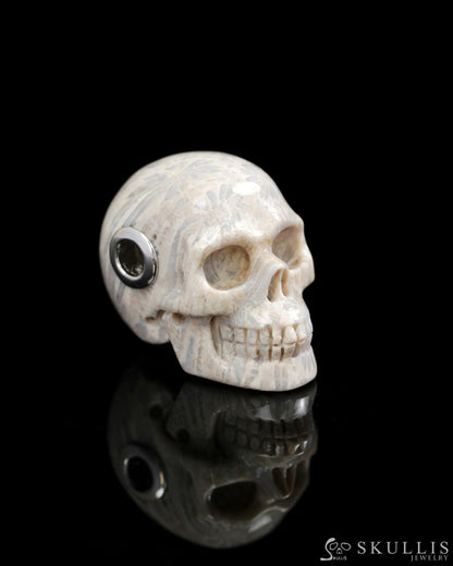Skullis Signature Spiderweb Coral Fossil Gem Skull Pendant or Necklace Hand Carved Sterling Silver 925 Chain for Women