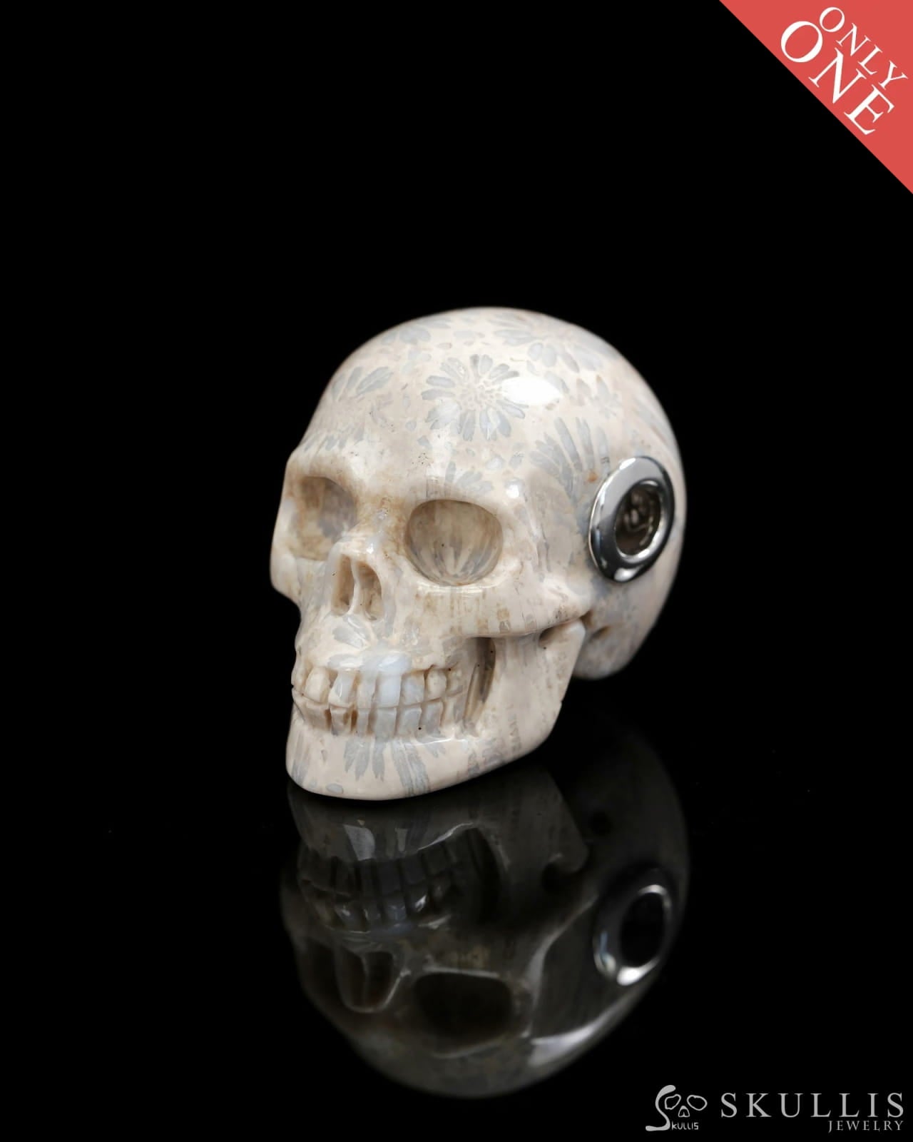 Skullis Signature Spiderweb Coral Fossil Gem Skull Pendant or Necklace Hand Carved Sterling Silver 925 Chain for Women