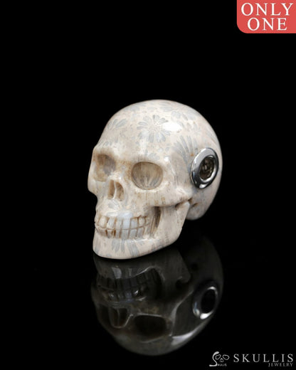 Skullis Signature Spiderweb Coral Fossil Gem Skull Pendant or Necklace Hand Carved Sterling Silver 925 Chain for Women