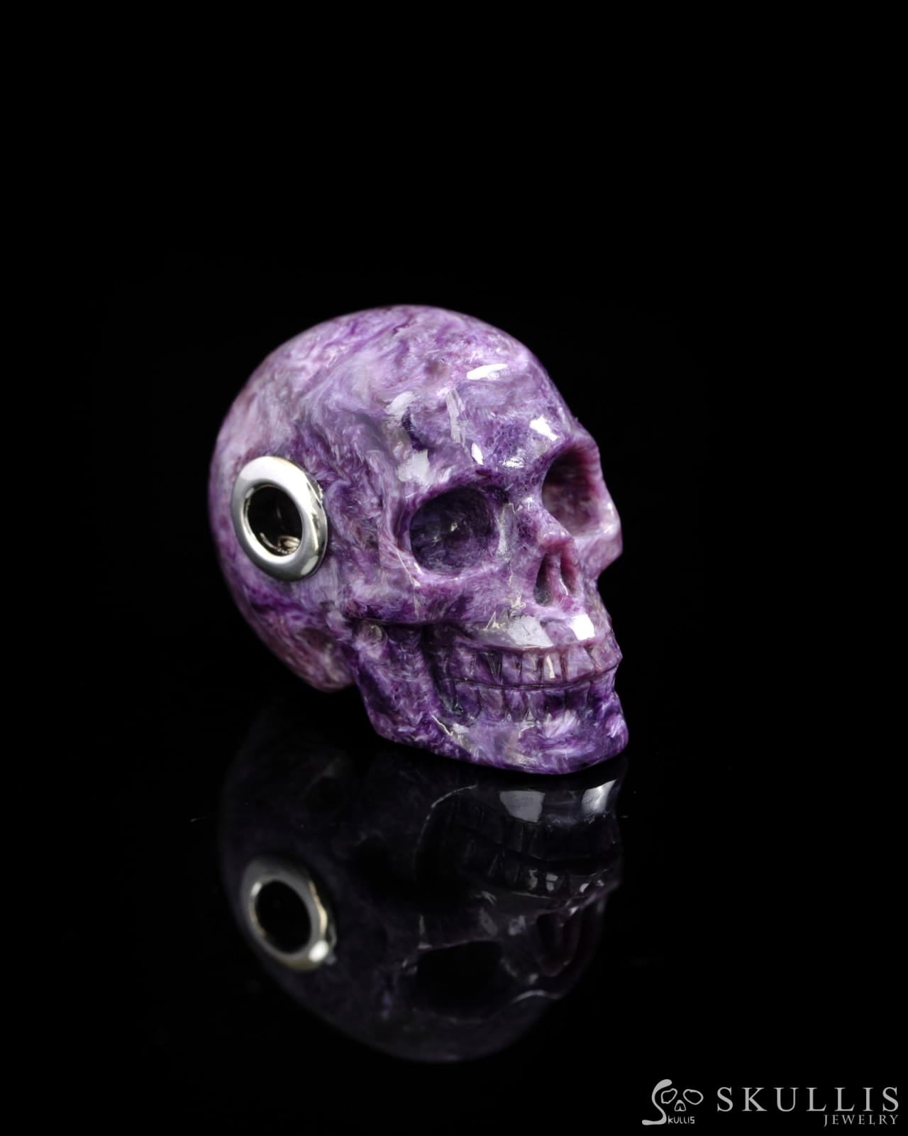 Skullis Signature Spiderweb Russian Charoite Gem Skull Pendant or Necklace Hand Carved Sterling Silver 925 Chain for