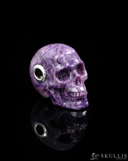 Skullis Signature Spiderweb Russian Charoite Gem Skull Pendant or Necklace Hand Carved Sterling Silver 925 Chain for