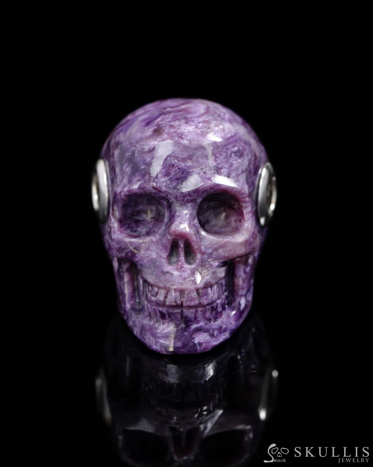 Skullis Signature Spiderweb Russian Charoite Gem Skull Pendant or Necklace Hand Carved Sterling Silver 925 Chain for